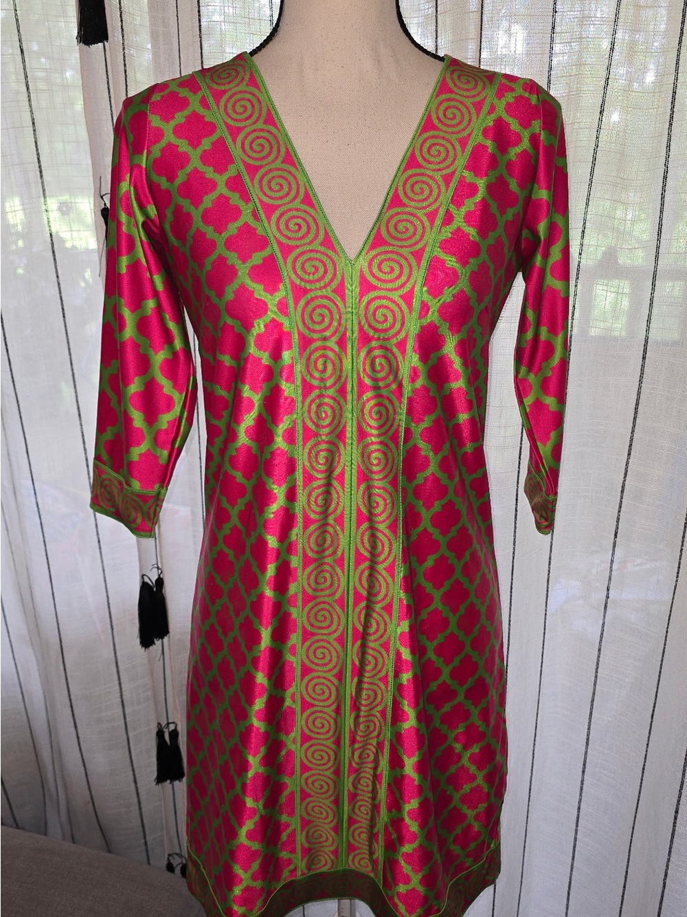 Gretchen Scott Designs Pink and Lime Green V-Neck Mini Dress
